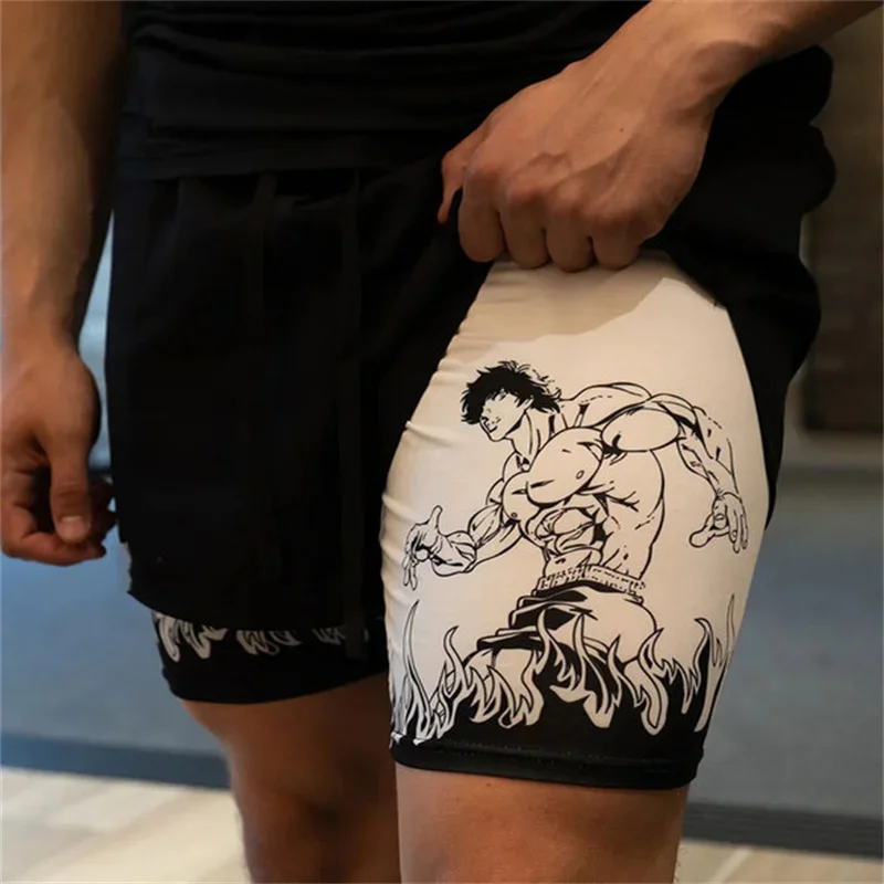 Anime Baki Hanma Gym Shorts Men 2 In 1 Performance Sports Shorts Summer Workout Fitness Running Sweatpants Breathable Sportswear