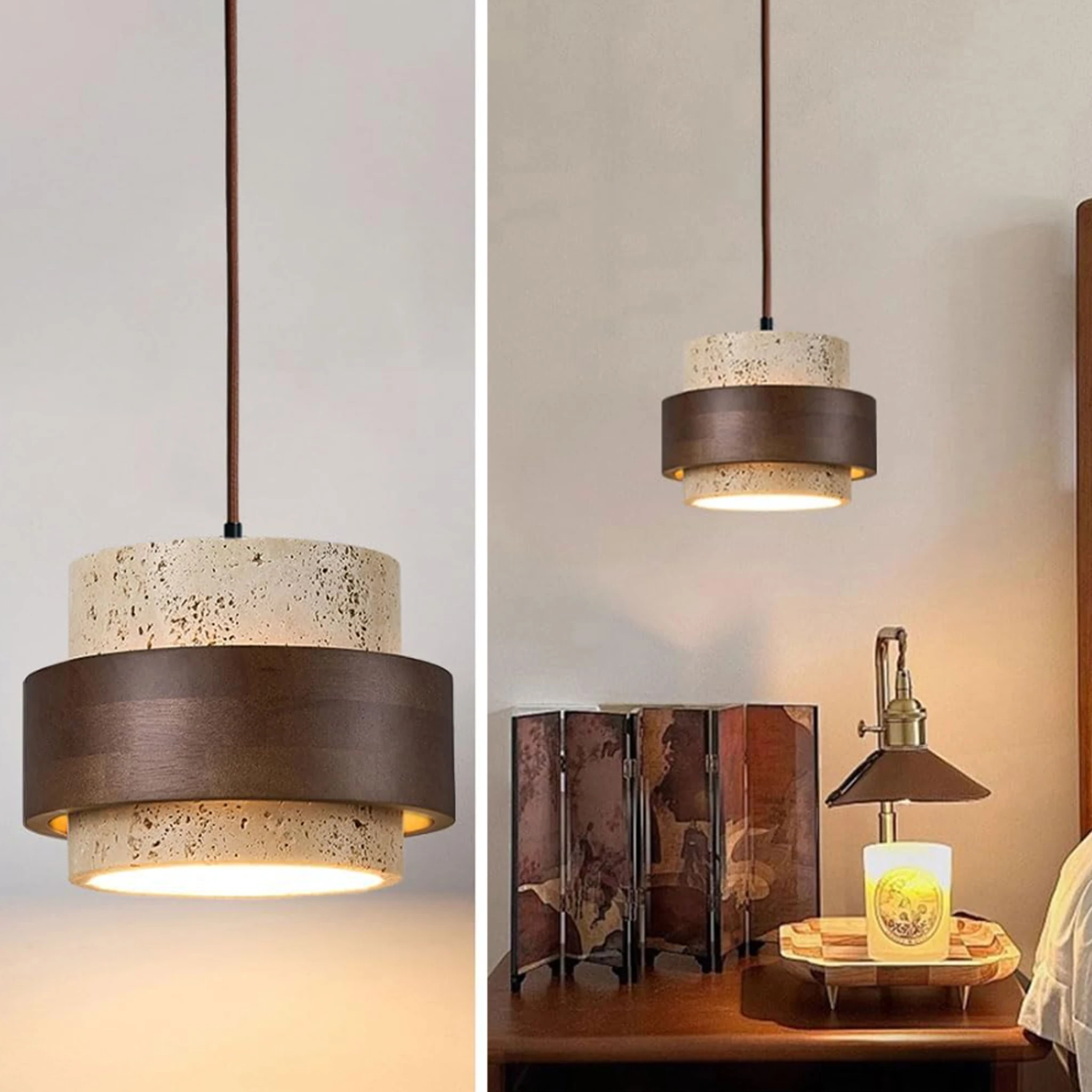 Natural Stone Pendant Lamp Wood Walnut Hanging Light Dining Room Bedroom Kitchen Island New Style Pendant Light Wire Adjustable