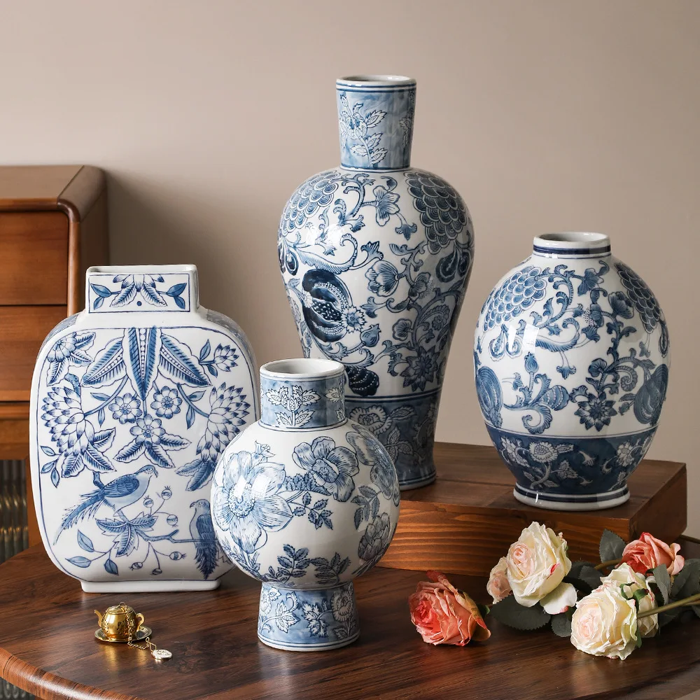 Vaso retrô de porcelana azul e branca chinesa, garrafa de cerâmica, vaso de flores, ornamentos de porcelana, acessórios de decoração para casa