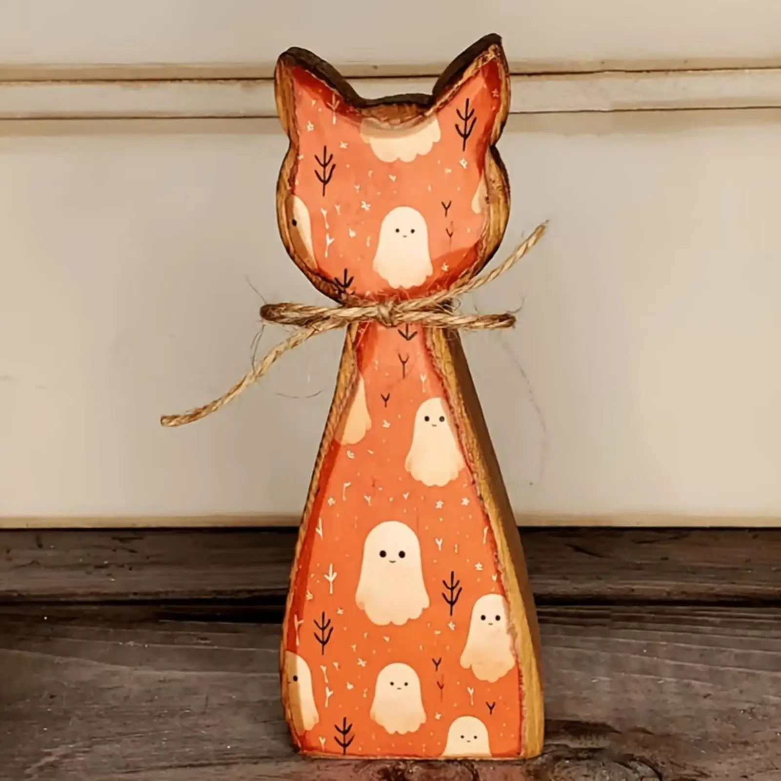 Wooden Halloween Cat Figurines 5 Pieces Self Standing Double-Sided Rustic Spooky Farmhouse Wood Cat Figurine Set Decorations For