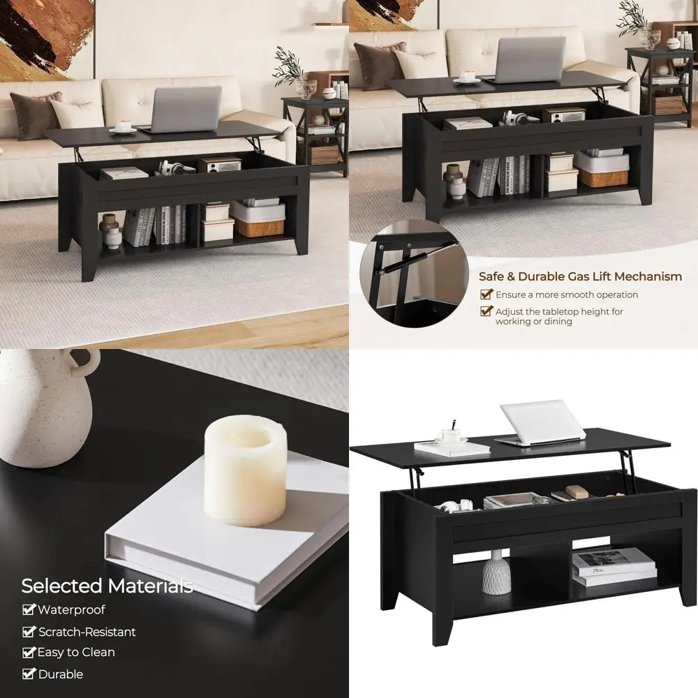 

Black Coffee Table with Storage and Open Shelf, 47.5 inch Long for Living Spaces