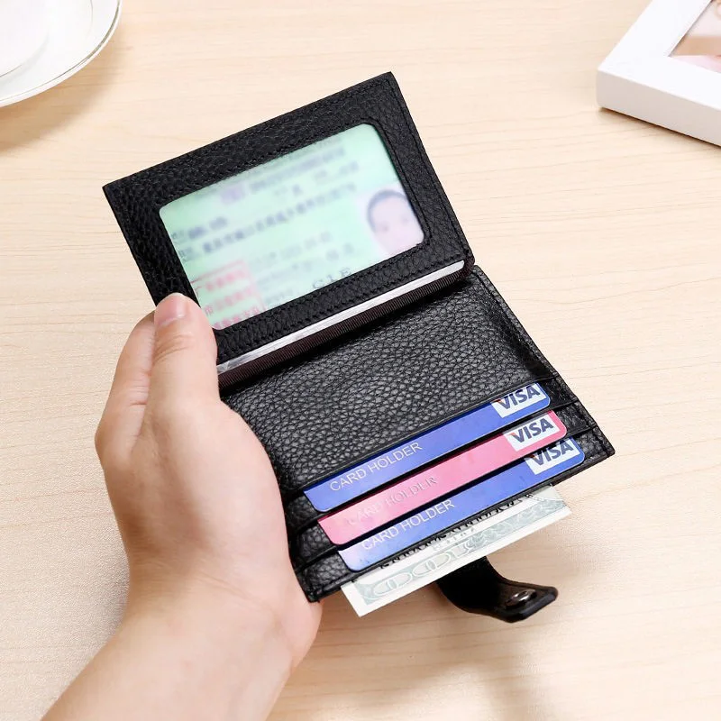 BUYLEMO Pebbled Leather Snap Bifold Card Holder, Clear ID Window Slim Card Wallet Cash Pocket Unisex