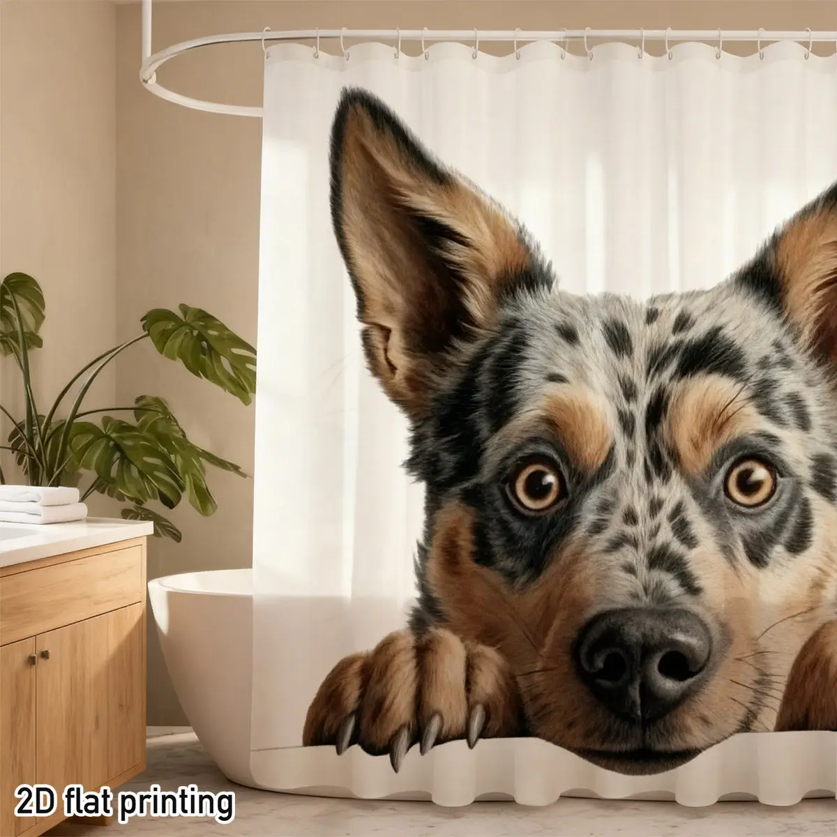 Australian Cattle Dog Face Shower Curtain Realistic Canine Portrait on White Background, 2D Flat Print, Polyester, 12 Hook Holes