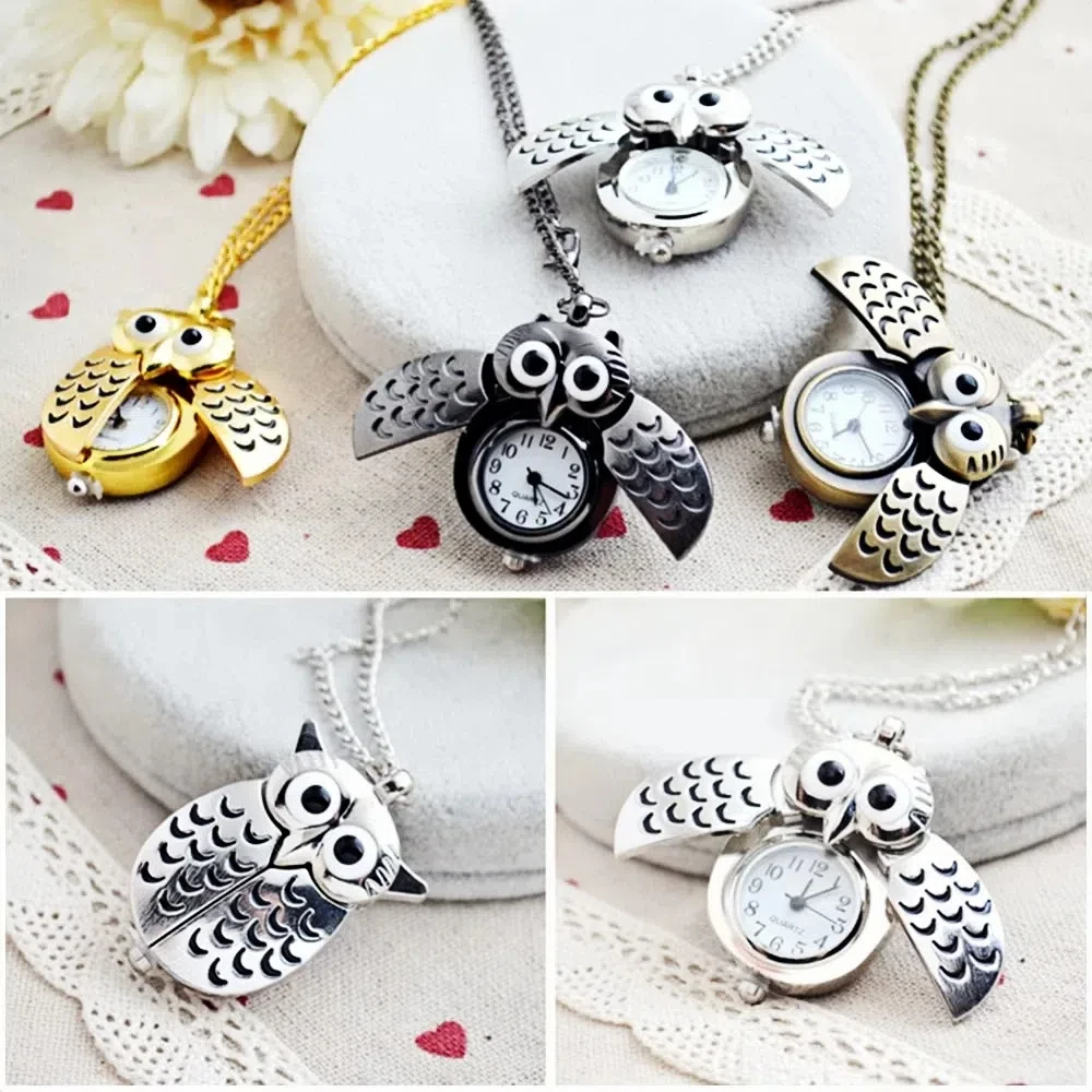 New Flip Style Necklace Hanging Watch Small Cute Owl Keychain Pocket Watch Cartoon on Chain Children's Watches Daily Wear