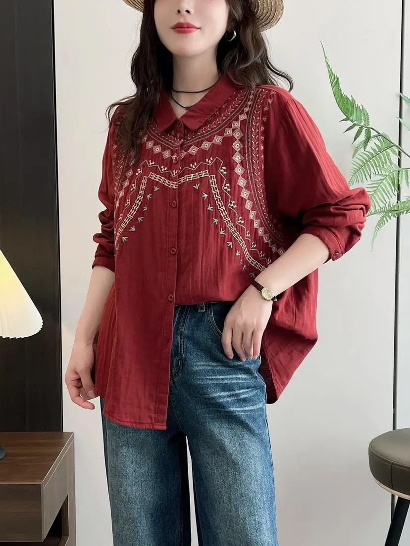 Blusa de otoño para mujer, camisa roja oscura de hilo de algodón bordado con literatura Retro étnica, blusas de manga larga
