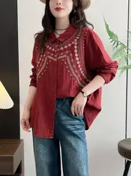 Women Autumn Blouse Ethnic Retro Literature Embroidered Cotton Yarn Dark Red Shirt Long Sleeve Blouses
