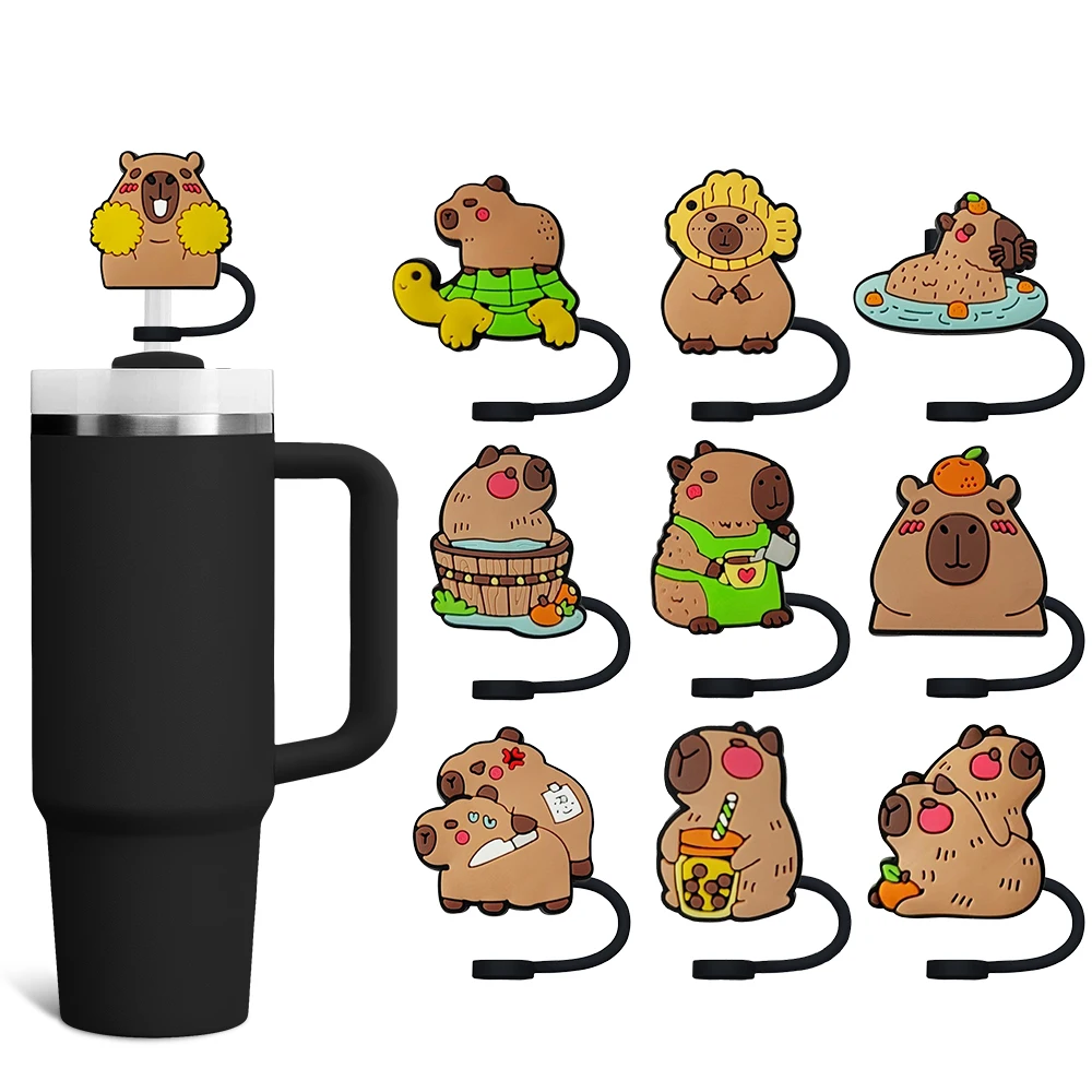

Cute Capybara Cartoon Straw Cover Cap 10MM Eco-friendly Straw Plug Splash Proof Drinking Cup Charms Pendent Home Party Gift