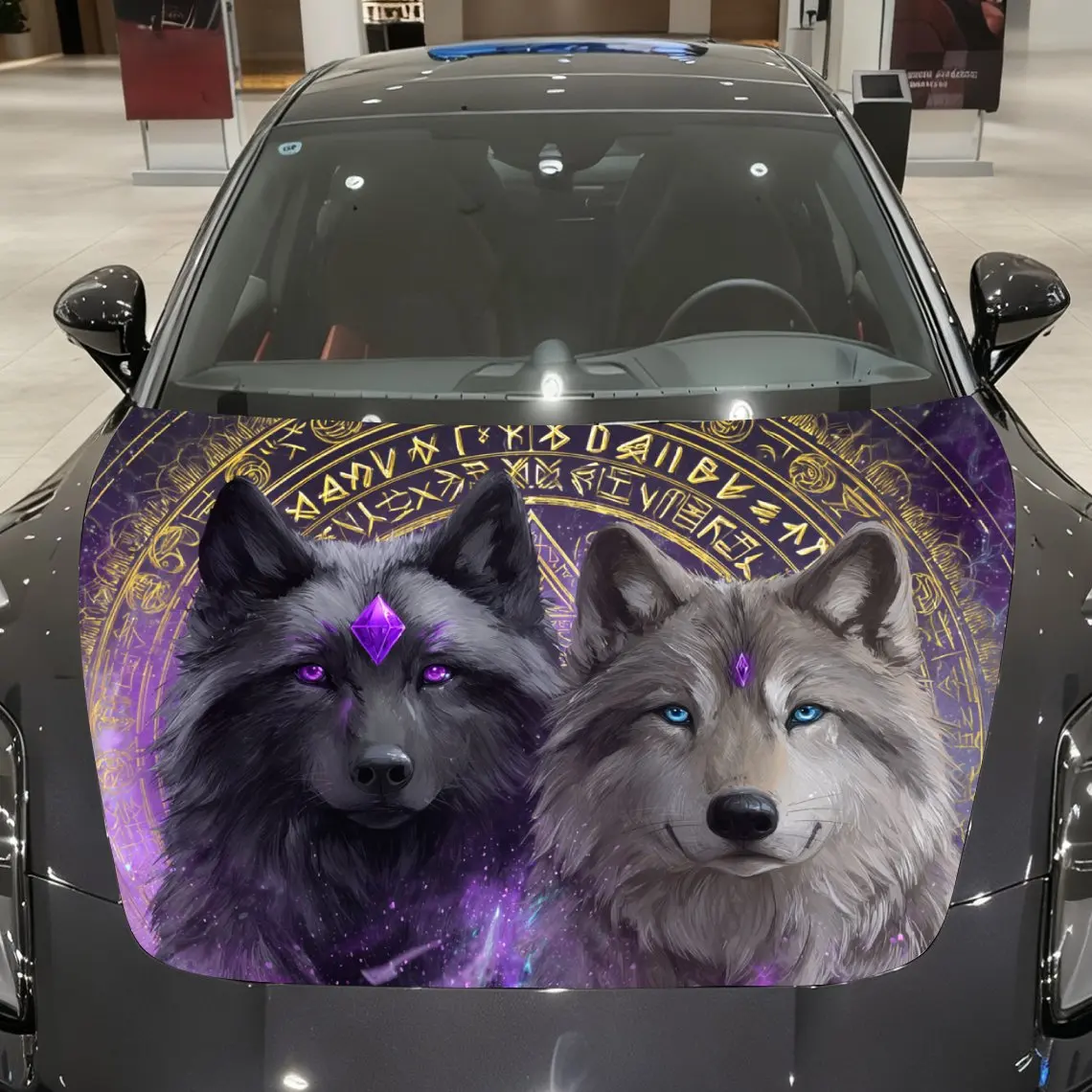 

Magic Twin Wolves Car Wrap - Durable PVC Vinyl, Fits Most Vehicles, Hood Protector Film, Majestic & Powerful Design, Ideal Gift