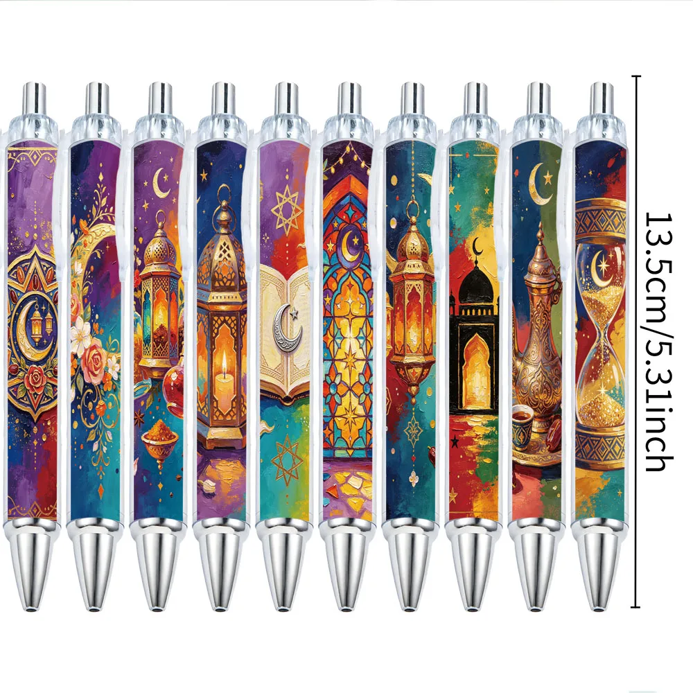 10Pcs Islamic Ramadan Themed Retractable Ballpoint Pens for Students and Office Use, with Random Patterns