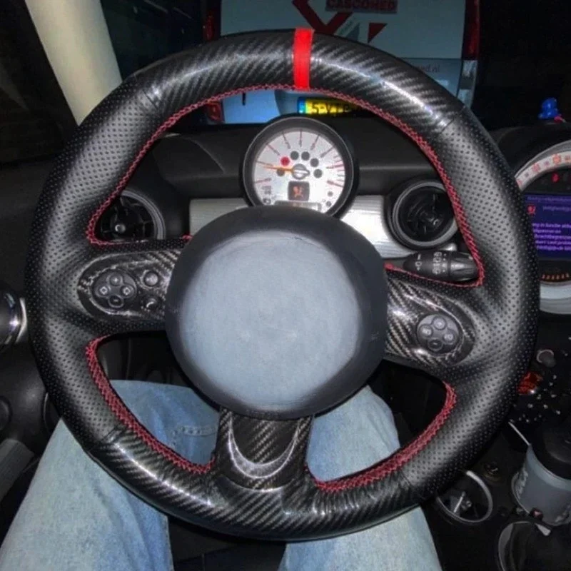 DIY Car Steering Wheel Cover Hand-Stitched Non-slip Black Genuine Leather Carbon Fiber For Mini Cooper S one 2011