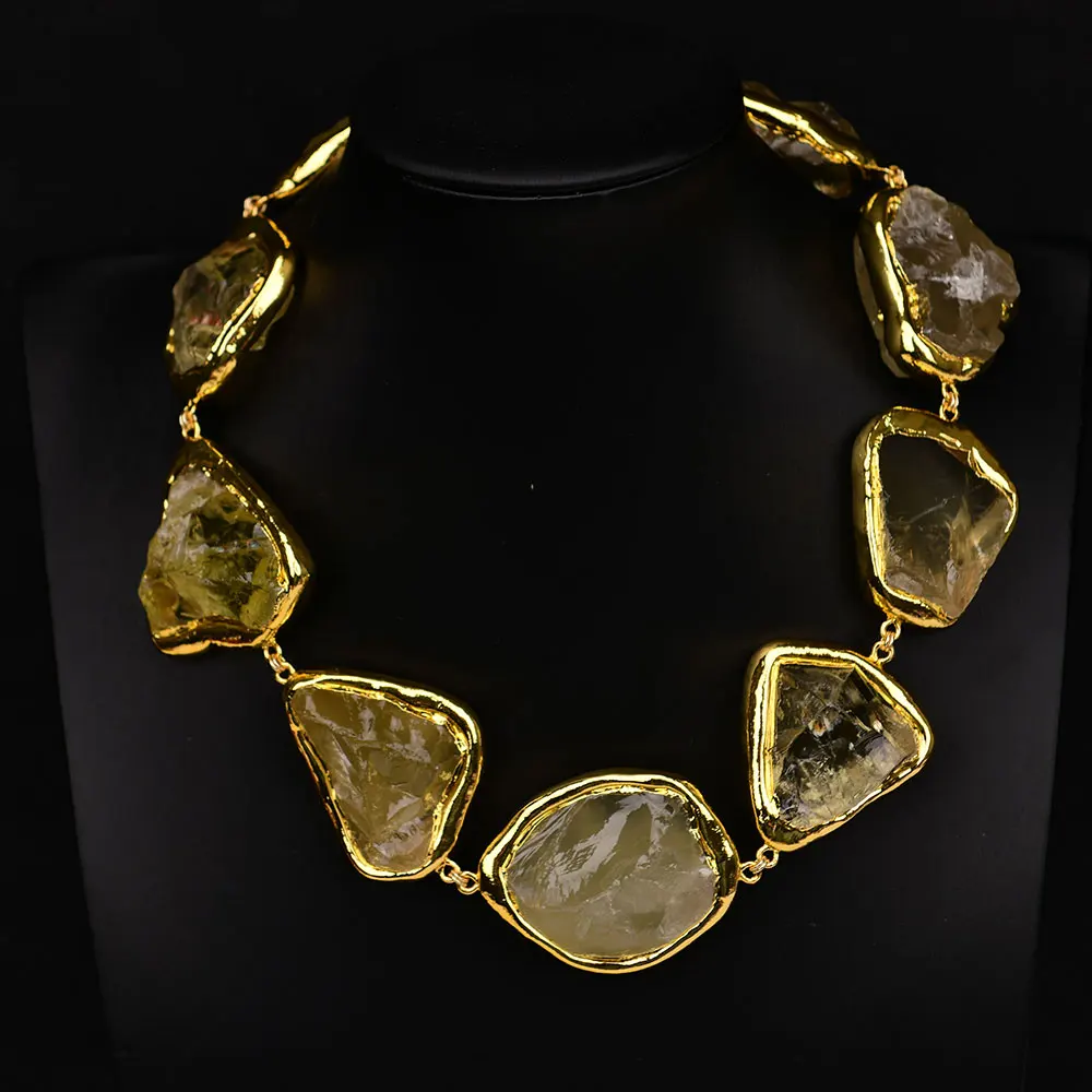 GG 18'' Natural Lemon Quartz Big Rough Raw Gold Edge Plated Crystal Beads Chokers Necklace