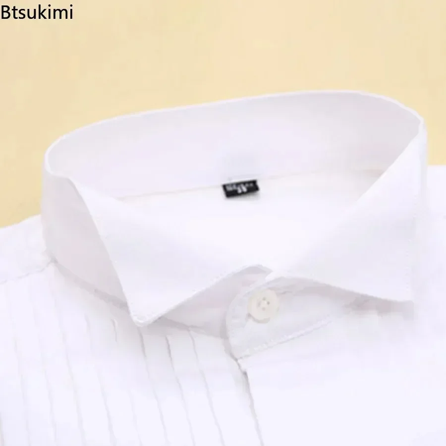 New Men\'s Wedding Party Club Dress Shirts with Bowtie Slim Fit Solid Wing Tip Collar Tuxedo Shirt Long Sleeve Male Shirts Tops