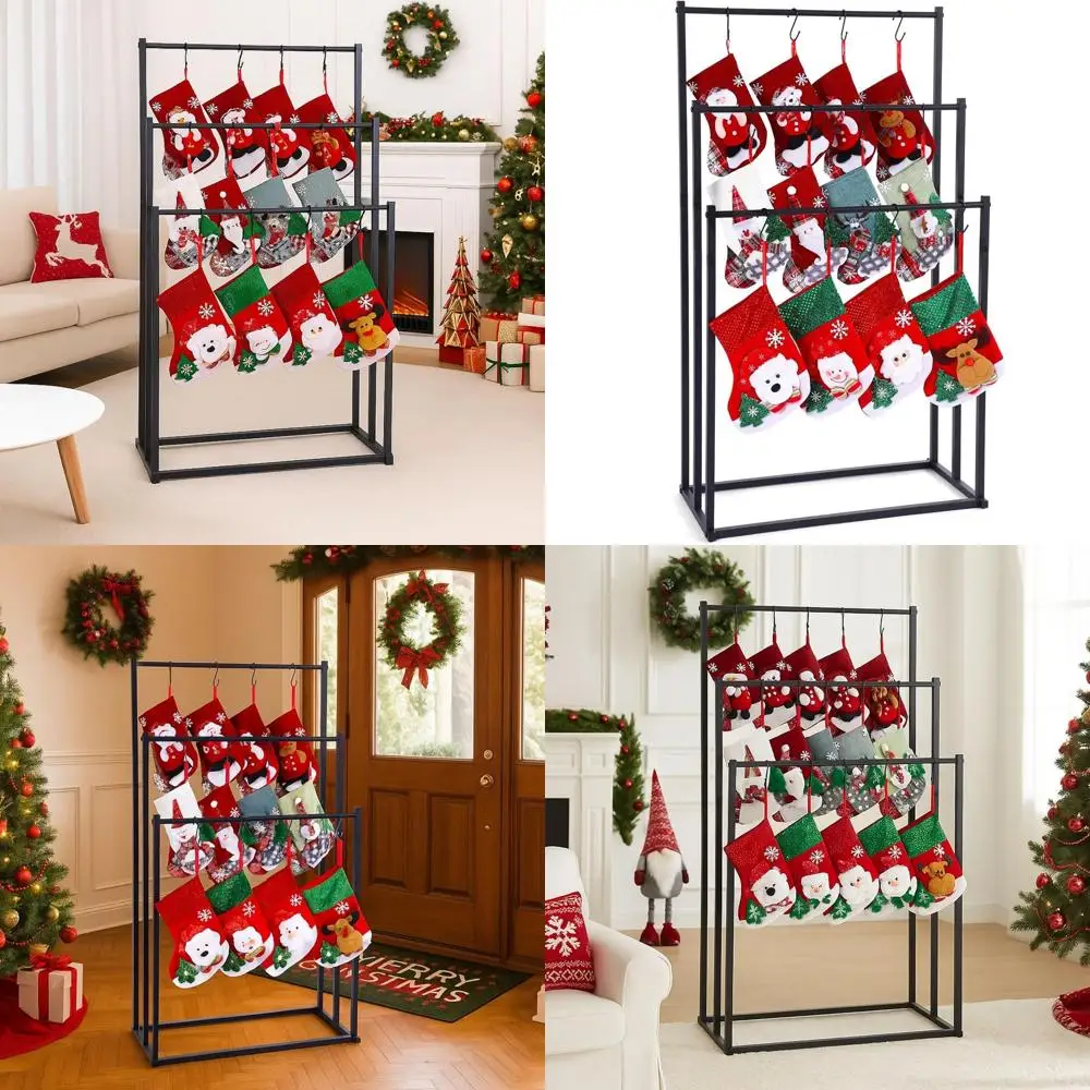 

Floor Standing 3-Tier Christmas Stocking Holder with 20 Hooks, Black Metal, Heavy Duty Adjustable Hooks for Holiday Decorations