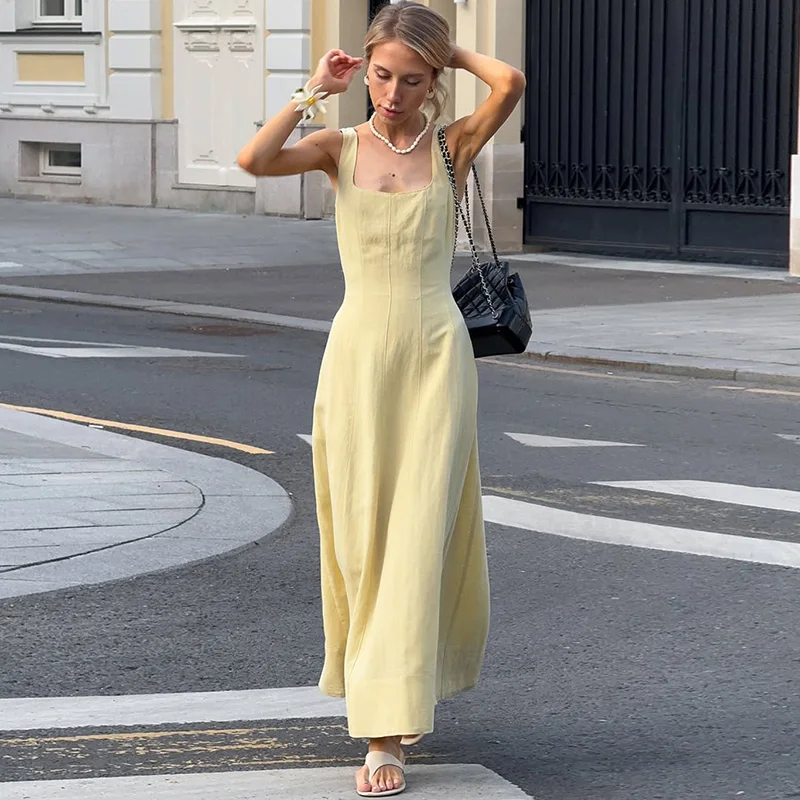 

Ticketsx Elegant Square Neck Backless Dress Women Fashion High Waist Sleeveless Slim Long Dress Casual Commuter Female Outfits