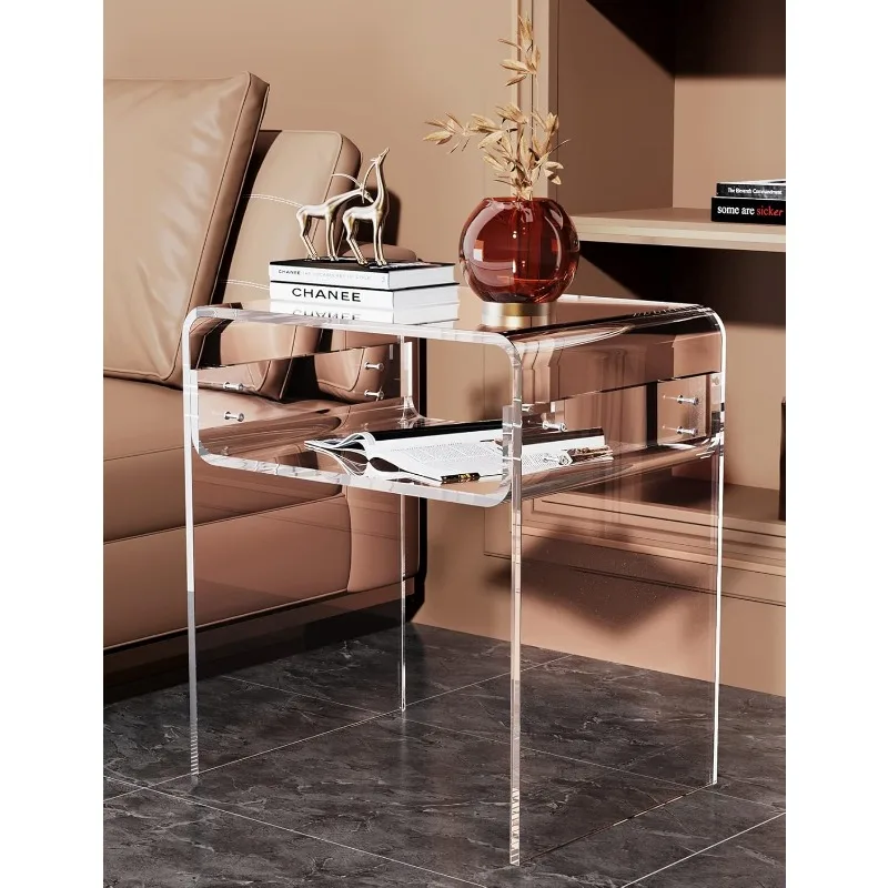 Clear Acrylic End Table 2-Tier Bedside nightstand for Living Room Bedroom Home Decor (Clear)