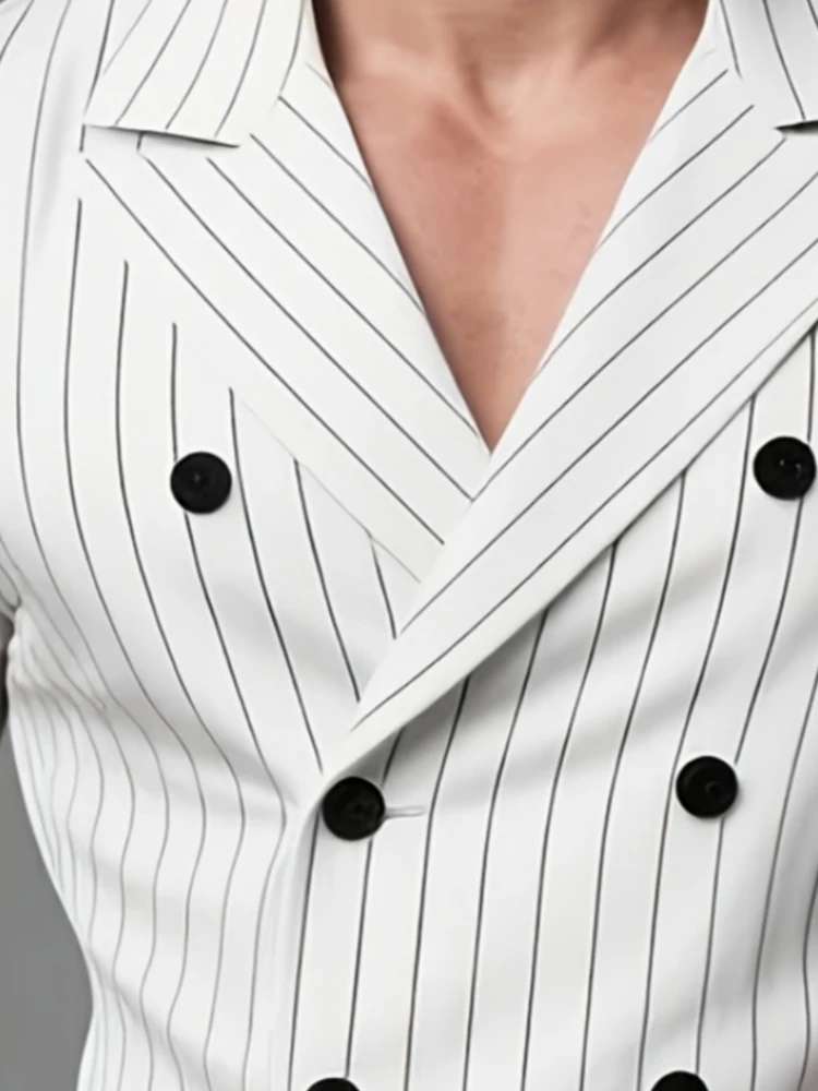 Luxury Vertical Stripe Double Breasted Shirt for Men Lapel Deep V Neck Long Sleeve Slim Fit Wedding Club Business Formal Blouse