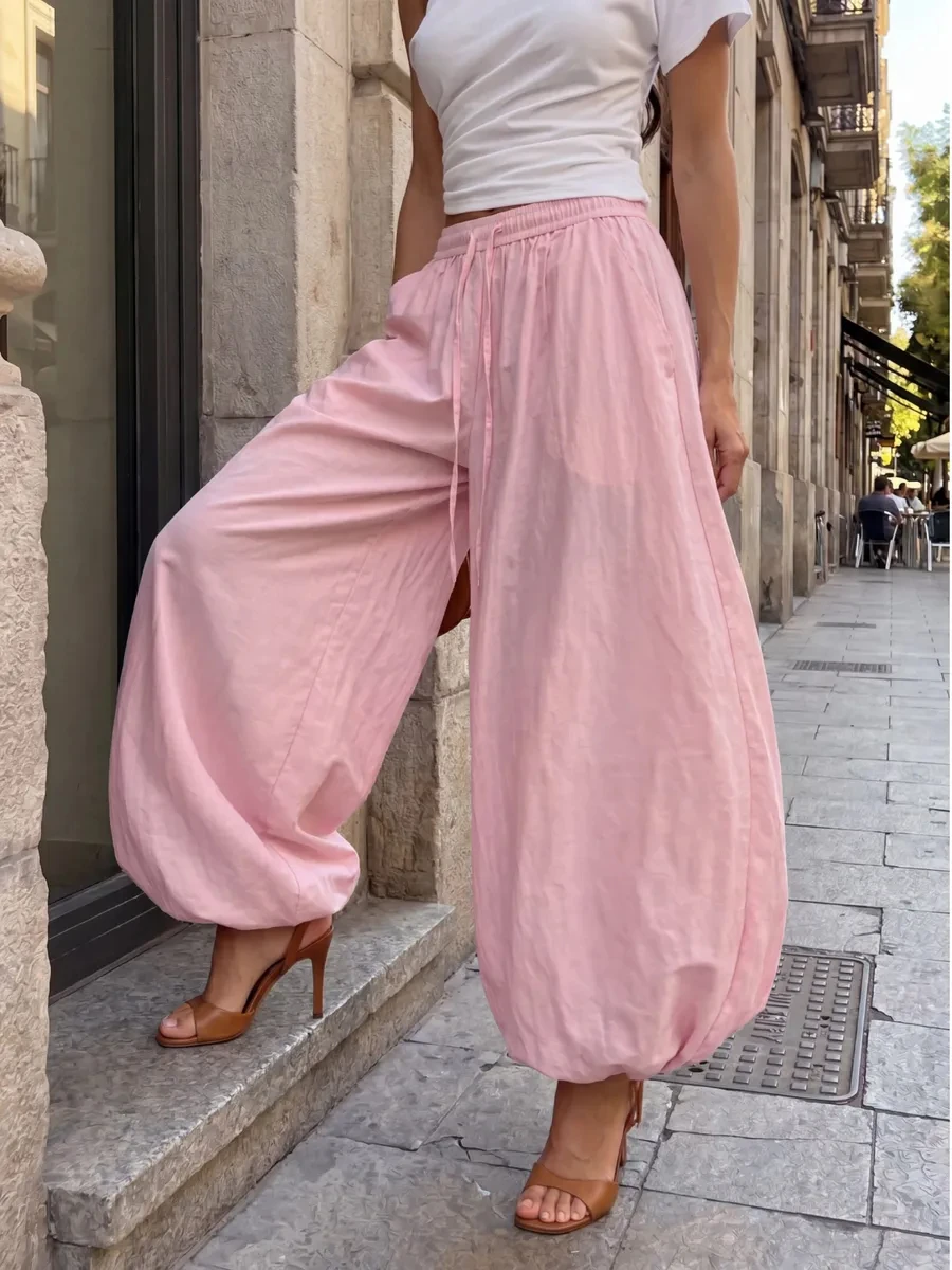 2026 Summer Women Lantern Pants High Waist Drawstring Wide Leg Balloon Trousers Loose Vacation Bottoms