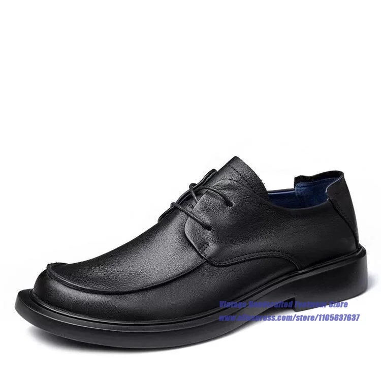 Black Leather Casual Shoes for Men Soft Leather British Style Thick Soled Lace Up Dress Shoes  ﻿Vintage Handcrafted Men's Shoes
