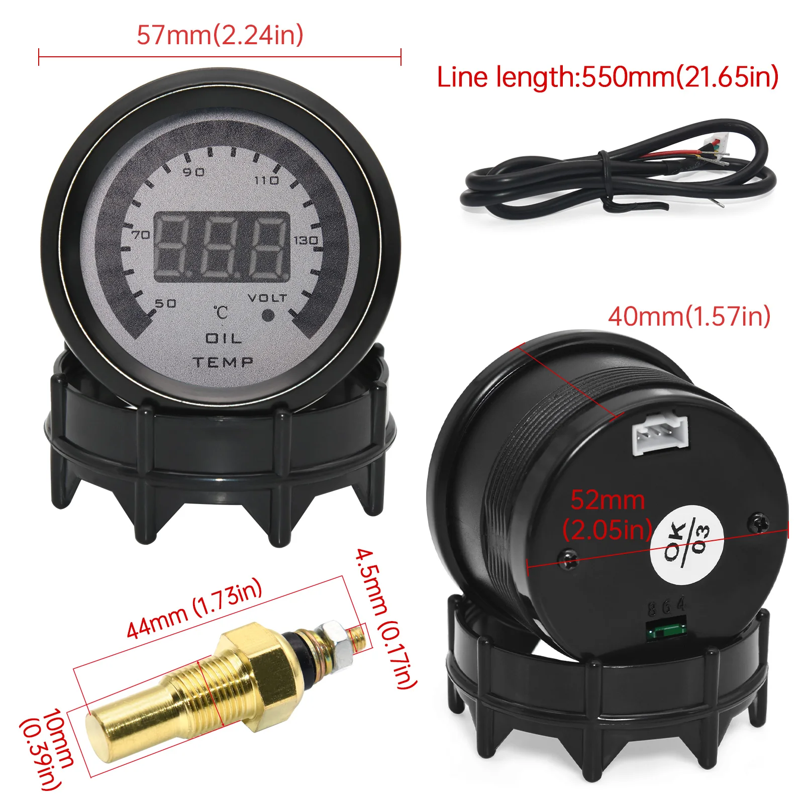 52mm Oil Temperature Gauge Voltmeter 2in1 20 LED 50~150 Centigrade Temperature Car Meter Black Shell 12V Oil Temp Gauge