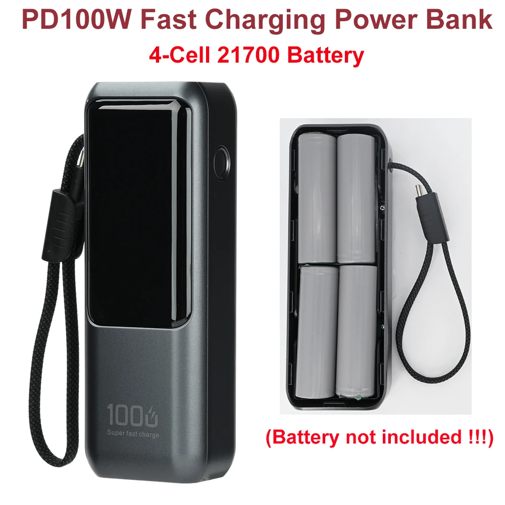 Hochleistungs-PD 100 W Schnelllade-Powerbank-DIY-Kit 4-Zellen-21700-Batteriegehäuse Typ C USB-Anschlüsse zum Aufladen mehrerer Geräte