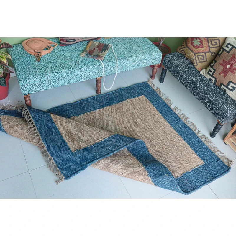 

Hand Loomed Beige with Blue Border Jute Hemp Rug with Fringes Rug for Décor Home