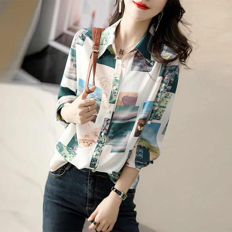 Summer Polo-neck Vintage Print Chiffon Shirt Ladies Long Sleeve Temperament All-match Casual Top Women Elegant Fashion Blouse