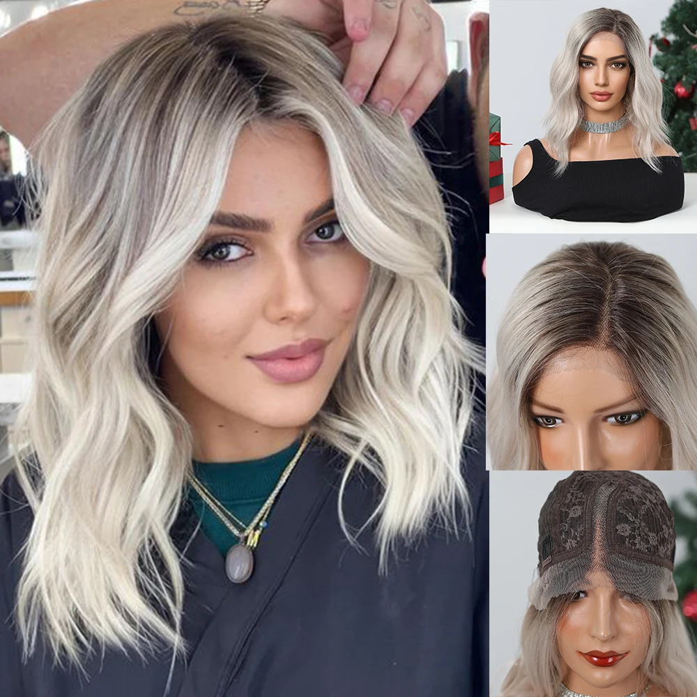 

Short Curly Bob Lace Frontal Synthetic Wigs Silver Gray Blonde Wig Dark Root White Ombre Hair for Women Daily Use Heat Resistant