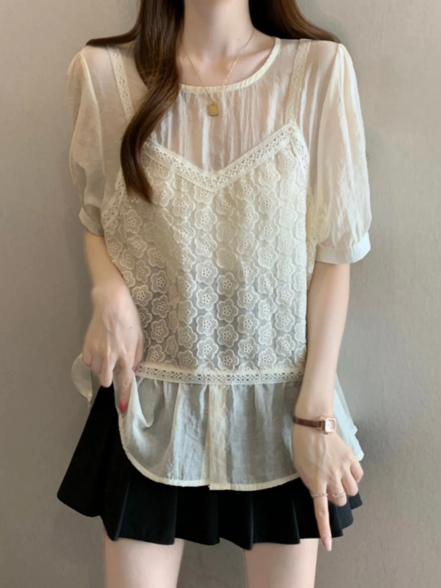 

Lace Splice Short Sleeve Chiffon Shirt Women's Summer New plus Size Fat MM Slimming Fake Two-Piece Ultra Popular Top