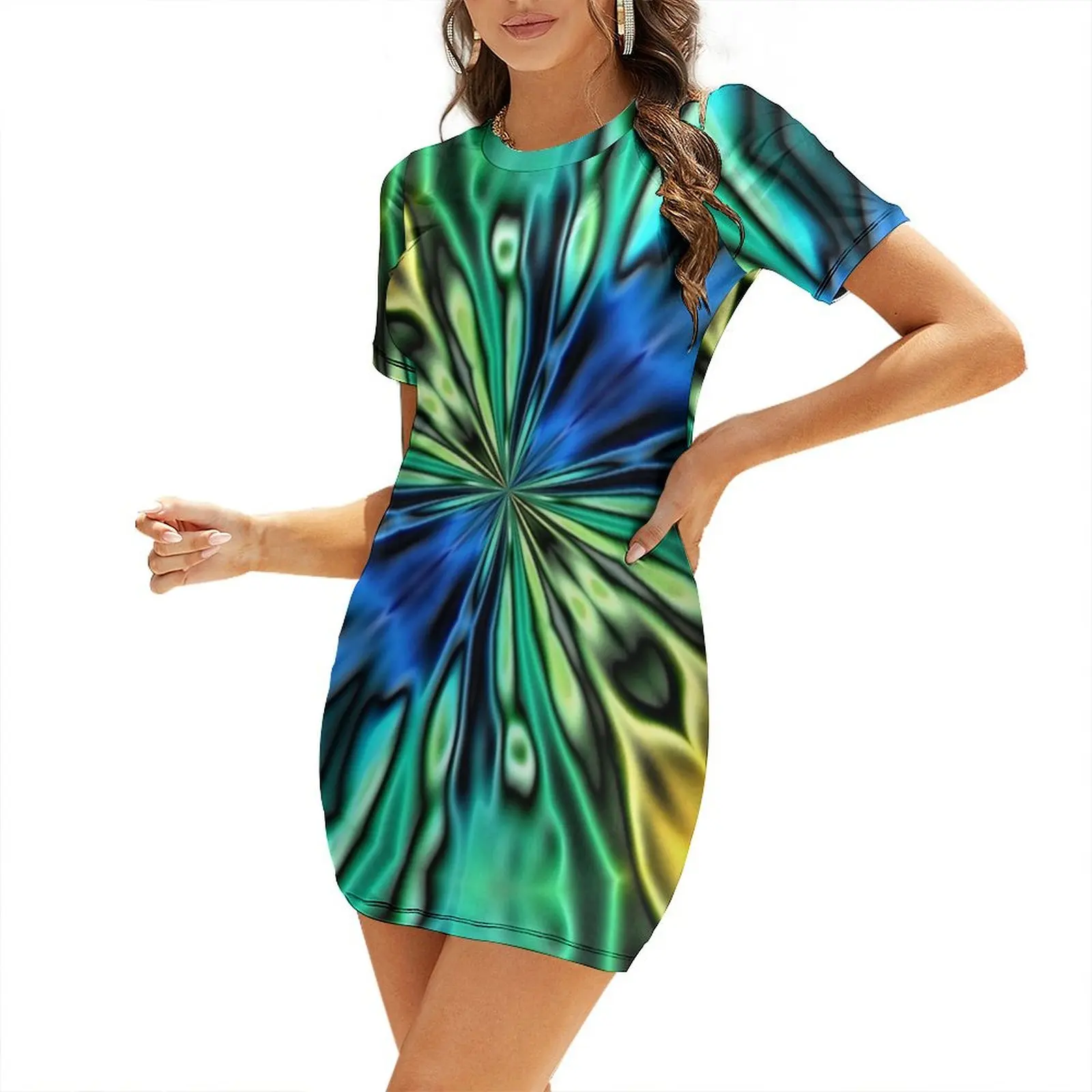 

Yellow Blue Green and Black Abstract Short Sleeved Dress clothes for woman Women's skirt Dress