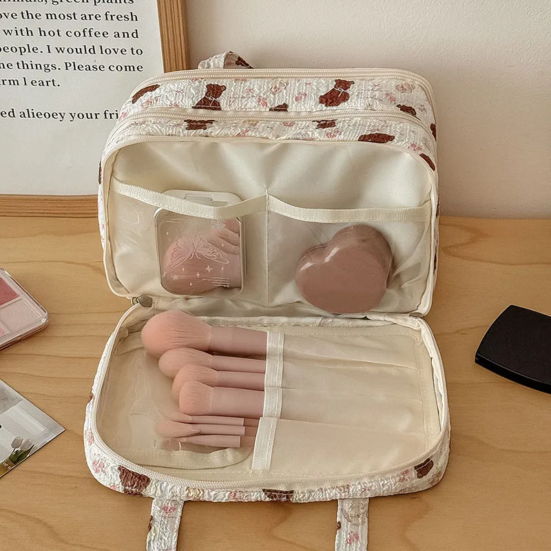 Pleated Bear Handheld Cosmetic Bag Cute Multifunctional Large Capacity Multi Layer Partition Travel Makeup Pouch