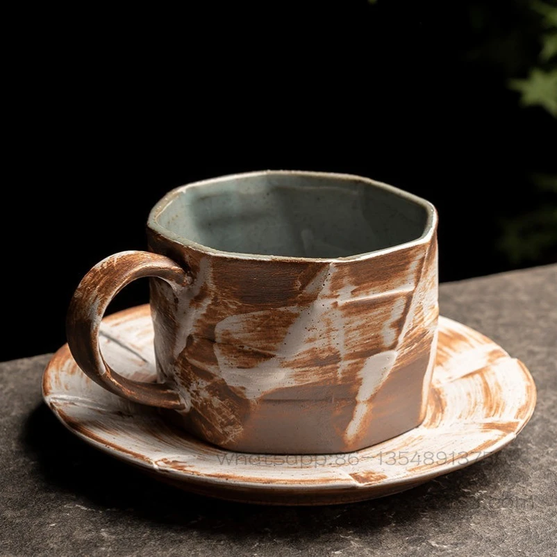 Japanese-style Ancient Pottery Espresso Cup Set, Household Kiln-changed Ceramic Retro Mug, Handmade Cup with Saucer
