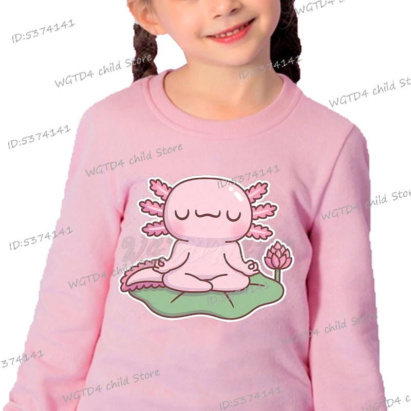 Children Long Sleeve Tops Cute Axolotl Meditation on Lotus Leaf Pullover Crewneck Casual Spring Cartoon Axolotl Pink Sweatshirt