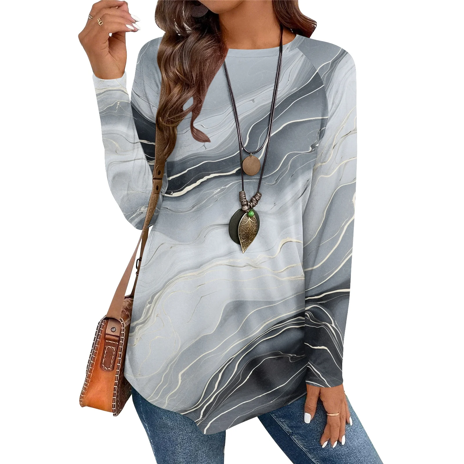 الرجعية المطبوعة نمط البلوز فضفاض جولة الرقبة طويلة الأكمام أعلى الربيع والخريف المرأة الأعلى في الهواء الطلق السترة الأعلى #4
