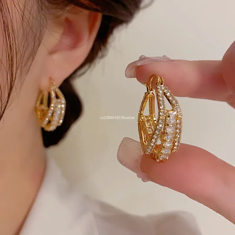 2025 South Korea New Design Fashion Jewelry Golden Square Three-layer Zircon Earrings Luxury Women's Party Accessories 귀걸이