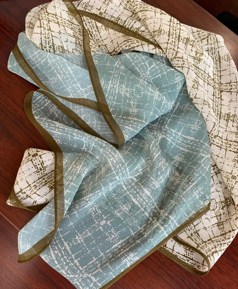 2026 Women 100% Silk Light Blue Beige Plaid Long Scarf Contrast Grid Print  Neck Shawl Ladies Elegant Office Shoulder Wrap