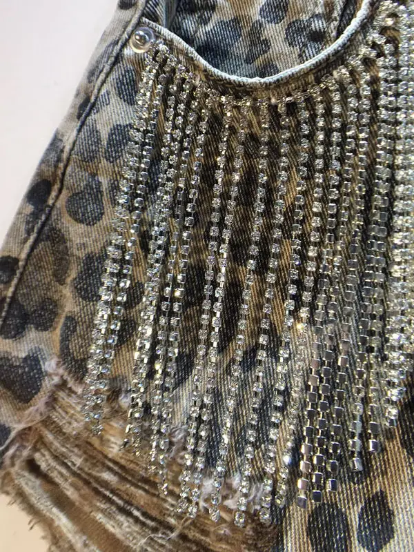 Shorts Vaqueros Cortos de Mezclilla para Mujer, Estampado de Leopardo, Estilo Americano, Primavera Verano, Cintura Alta, con Diamantes y Borlas, Estilo A-line