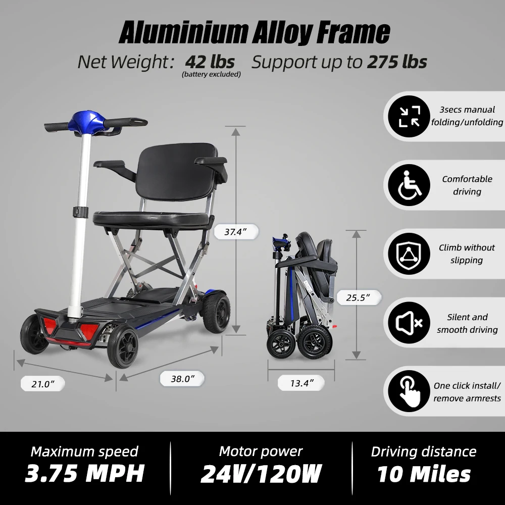 สกู๊ตเตอร์เคลื่อนที่แบบพับได้ด้วยมือ น้ำหนักเบา ใช้พลังงานไฟฟ้า สำหรับผู้ใหญ่และผู้สูงอายุ  แบบ 4 ล้อ