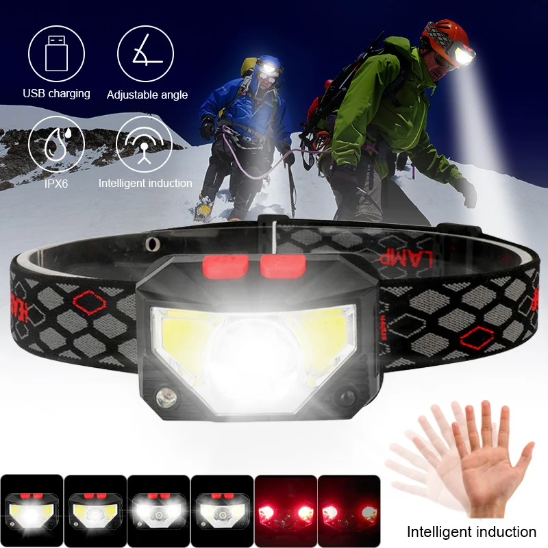 Powerful LED Induction Headlamp USB Rechargeable COB Headlight Built-in Battery Head Flashlight for Fishing Camping Torch
