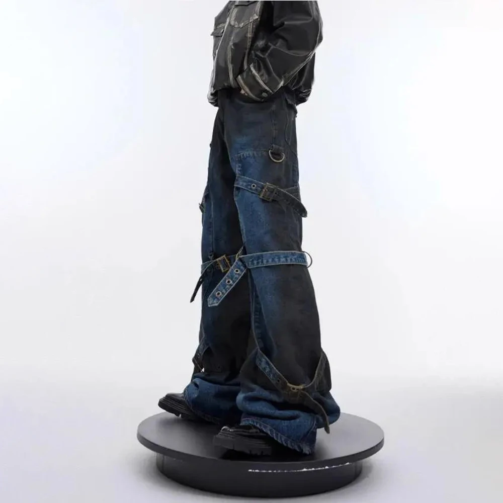 Męskie rozszerzane jeansy sznurowane w stylu deconstructed, amerykańska moda retro, streetwear, hip-hop, luźne, niszowe, nowe męskie spodnie na lato.