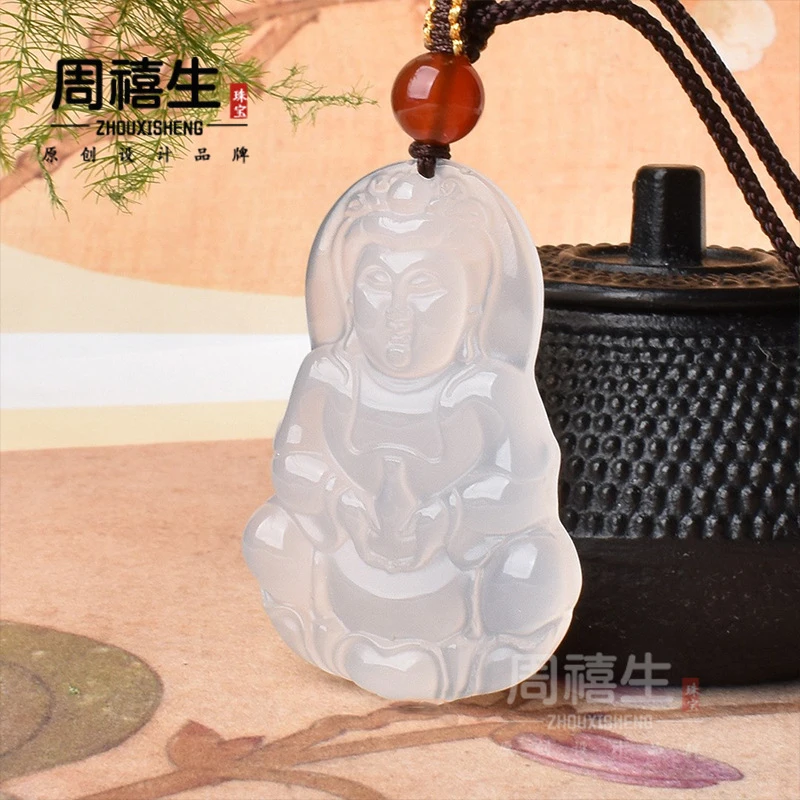 

White Guanyin , chalcedony Bodhisattva jade , men's necklace pendant