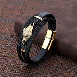 2024 New Micro Rhinestone Zircon Leopard Head Tide 3 Layer Leather Rope Stainless Steel Men's Fashion Bracelet
