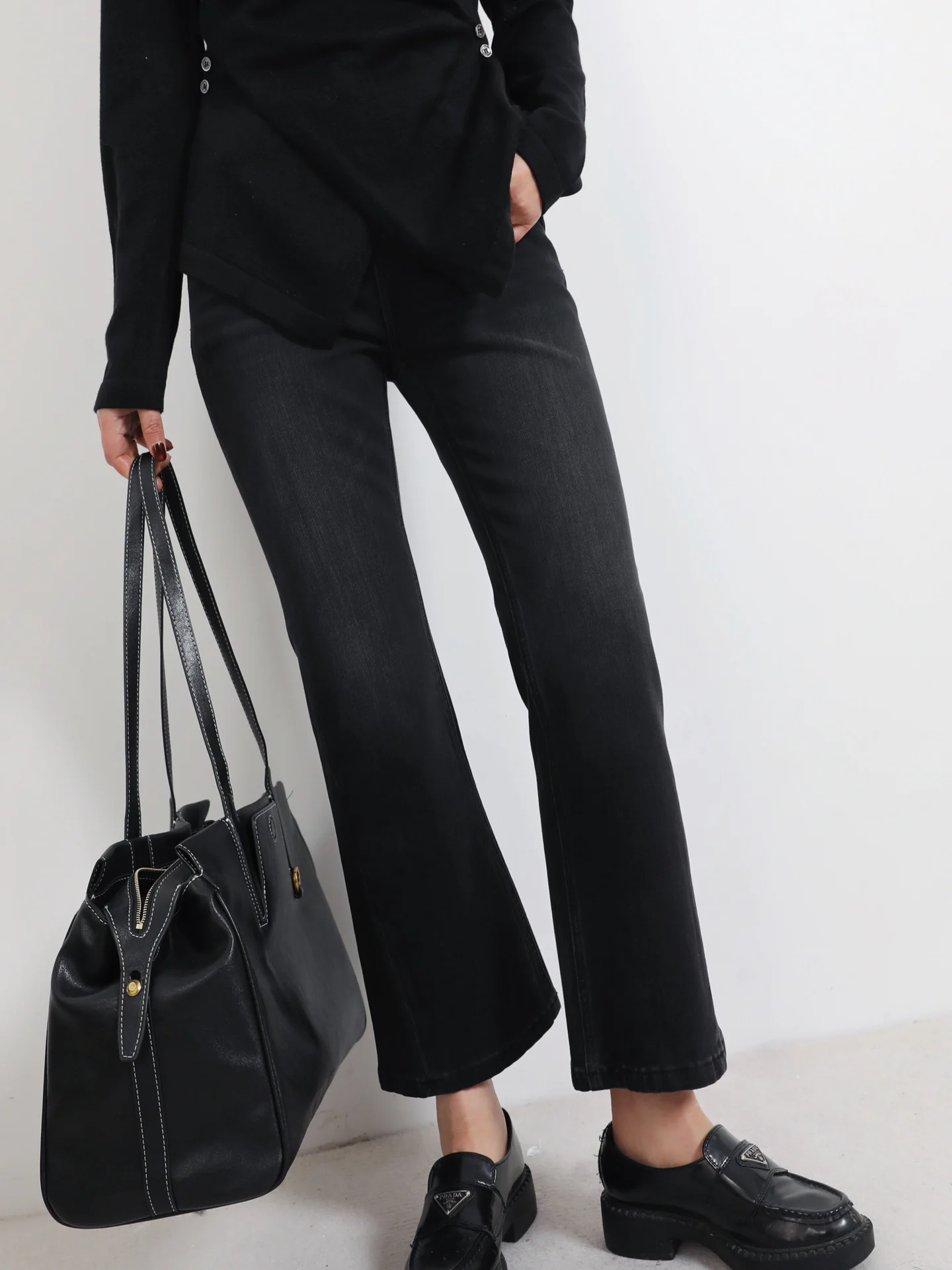 

Deep Blue Elastic Butt Lifting Nine Points Flared Jeans French Bread Pants Comfy Breathable Cotton Zipper l Waist Slim Fit