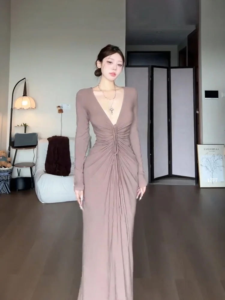 

Stazf7 Umei Sexy V-neck Pleated Drawstring Wrap Skirt Women Summer Pure Desire Waist-cinching Long Skirt City Commute Date