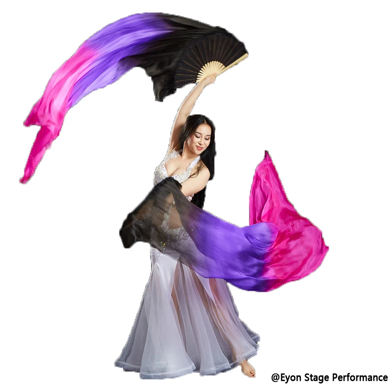 100% Silk Belly Dance Veil 1 Pair Handmade Dyed Three-color Dancer Practice Long Imitation Real Silk Fans Rayon Silk Fans