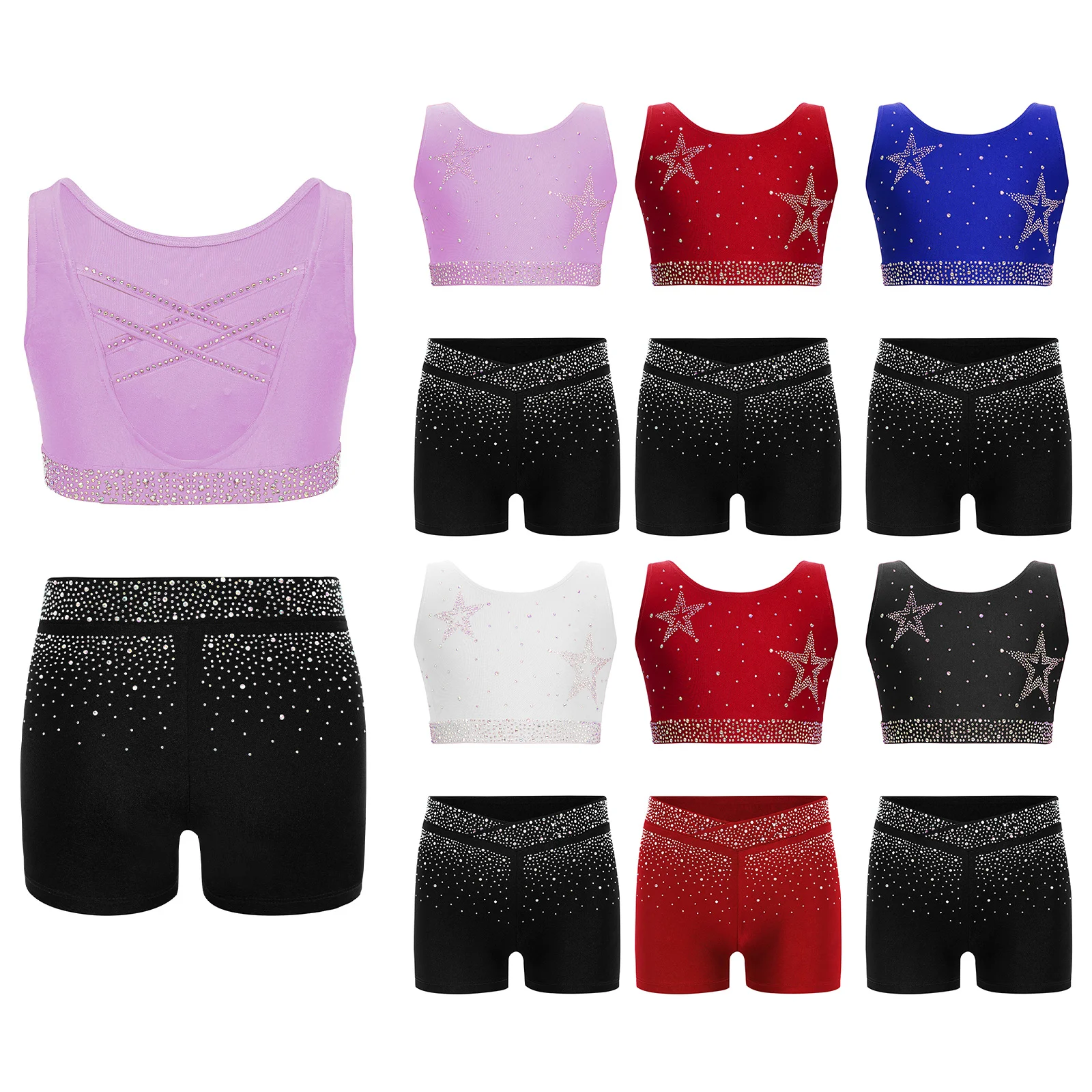 

Kids Girls Figure Skating Dance Rhythmic Gymnastics Costume Ballet Rhinestones Dancewear Crisscross Back Cropped Vest Shorts Set