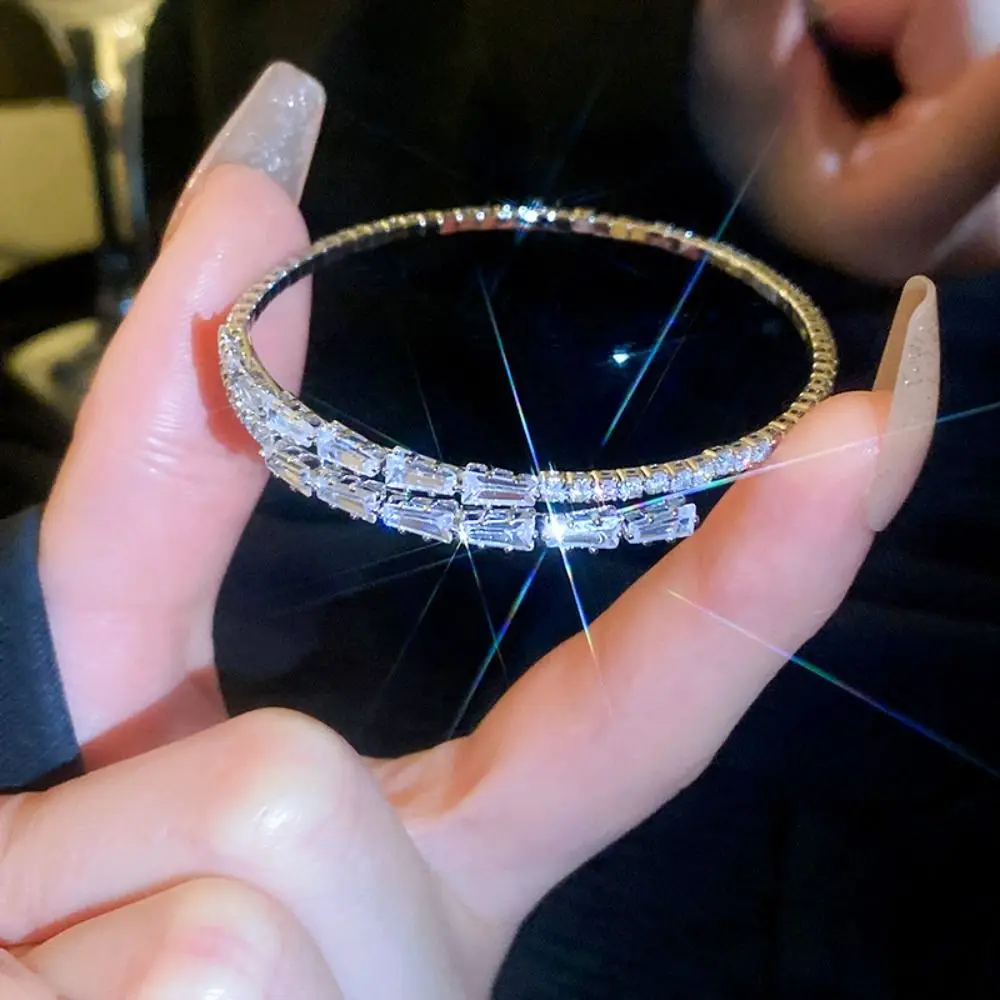 Korean Exquisite Geometric Round Opening Bracelet Sweet Elegant Full Rhinestone Simple Bracelet Women's Jewelry Accessories