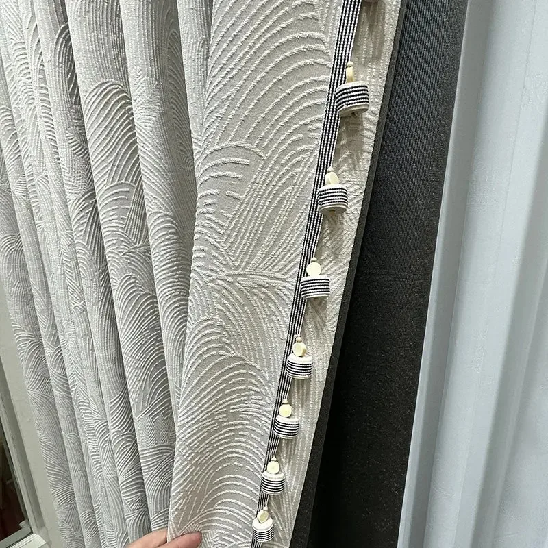 Chinese Style Gray White Jacquard Chenille Blackout Relief Curtains for For Living Room, Bedroom, Floor To Ceiling Customization