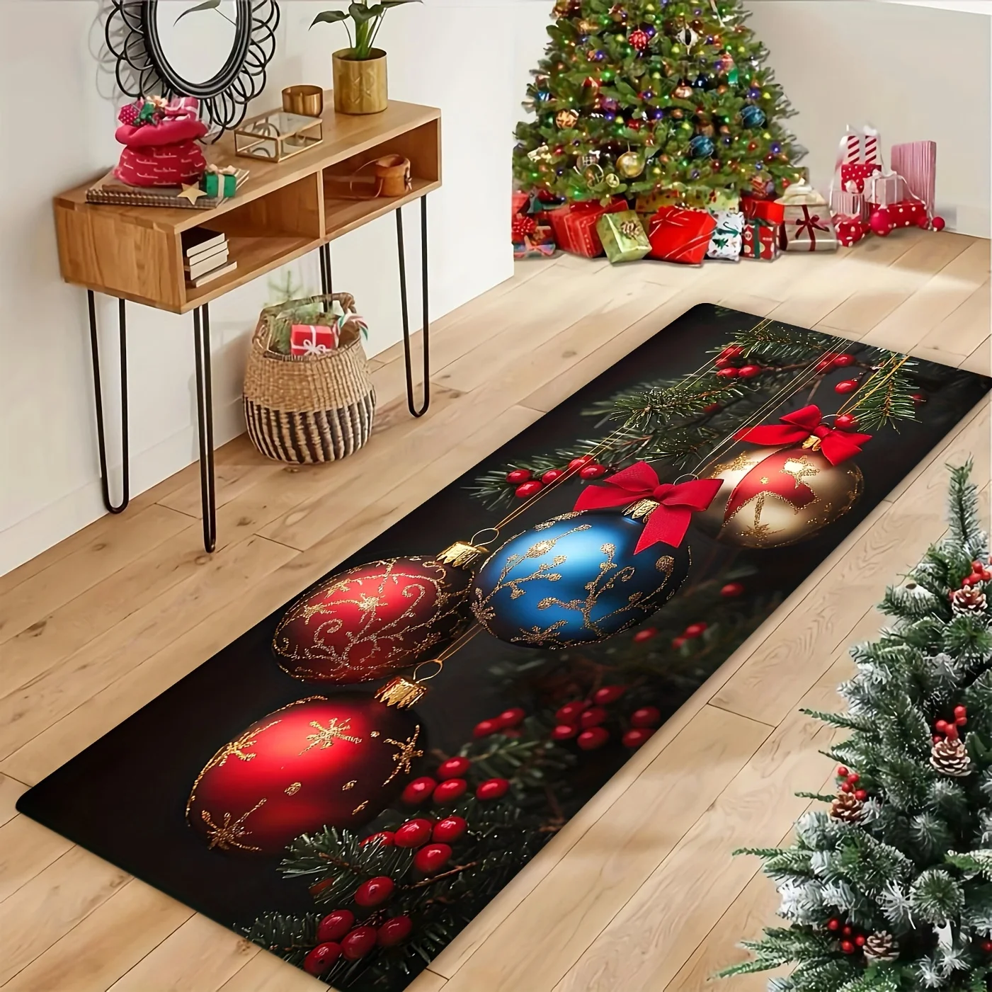 A High-Quality 100% Polyester  Rug Featuring a Pattern of Holly Berries And Lanterns, Designed to Be Non-Slip And Washable. Th