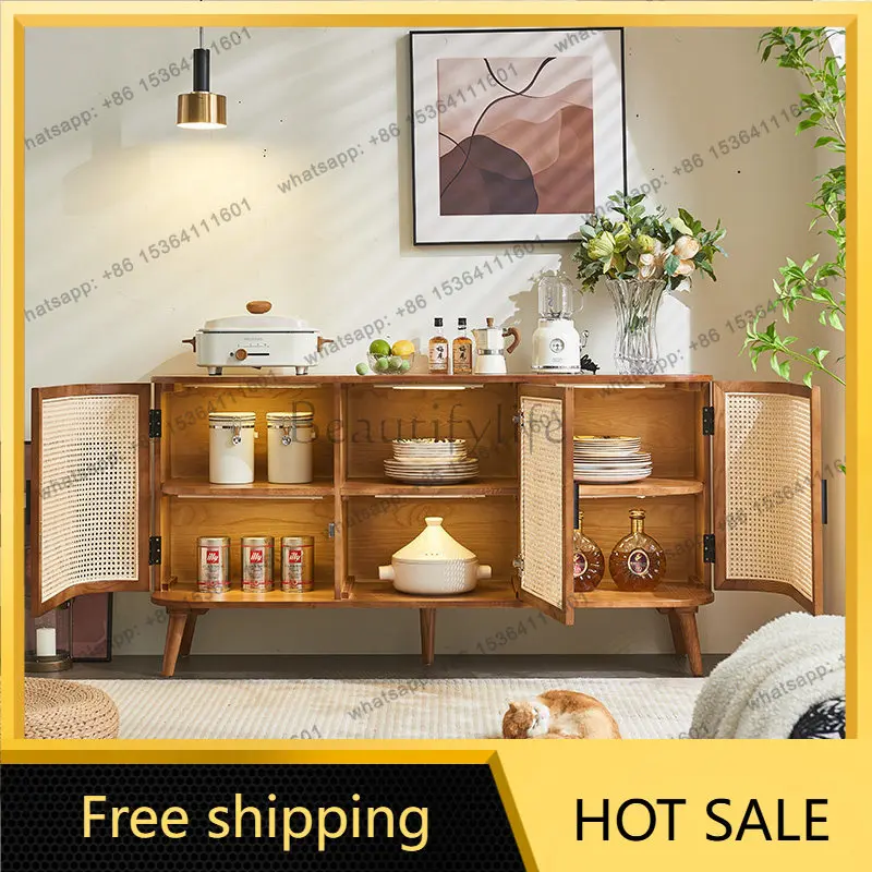 LD wabi-sabi retro living room solid wood three-door rattan cabinet Japanese side cabinet