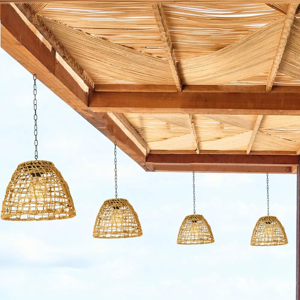 Solar Powered Bamboo Woven Hanging Lantern Outdoor Pendant Light Waterproof Garden Landscape Decoration Fixture